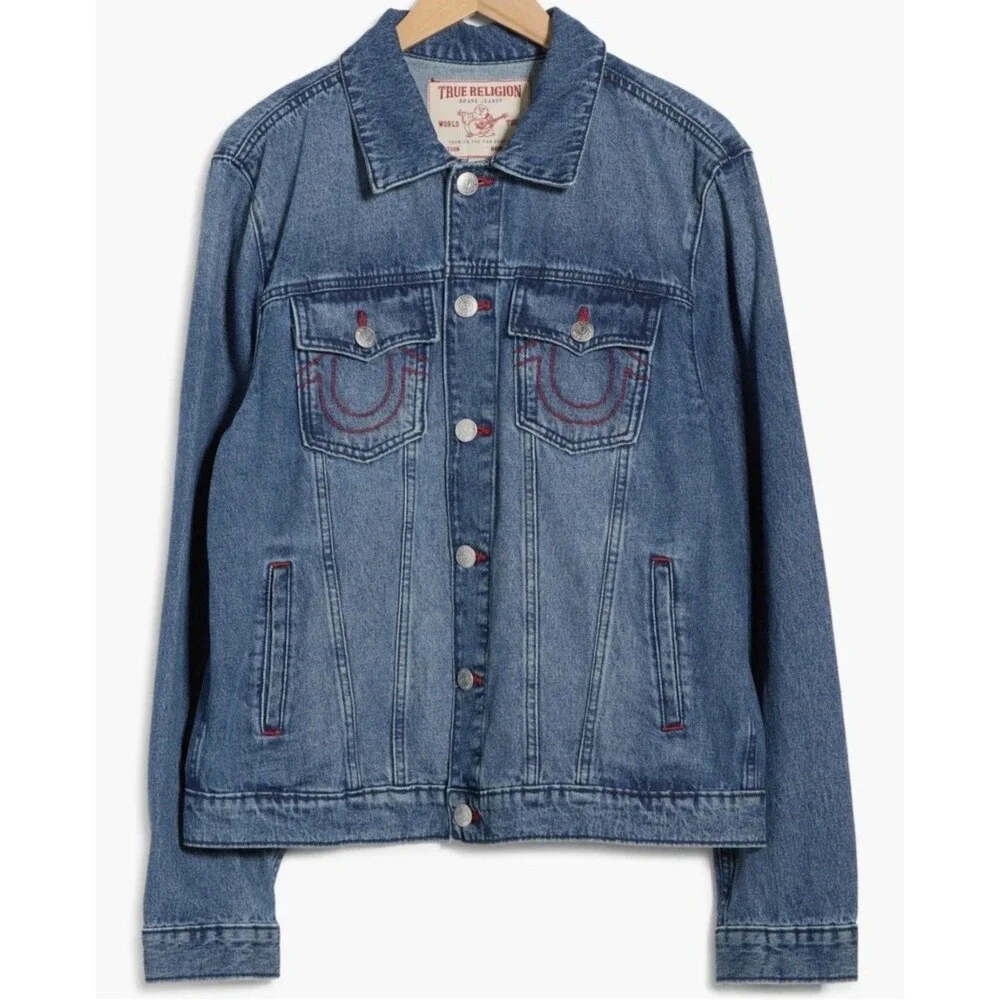 True Religion JESSE SN Patch Trucker Jacket Light Blue Denim LARGE -NWT!